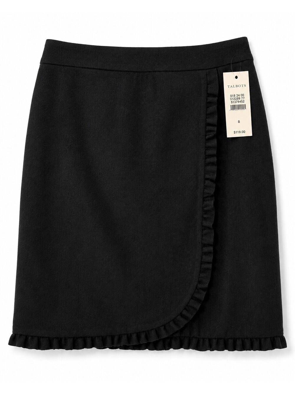 Talbots NWT Size 8 Black Wool Blend Faux Wrap Ruffle Pencil Skirt $119